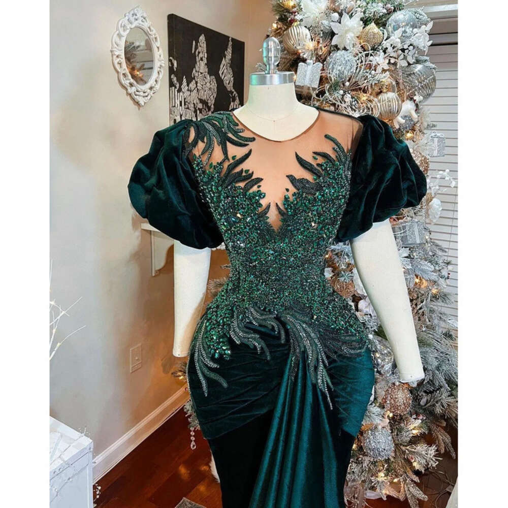 Aso Ebi Arabic Dark Green Mermaid Prom Dresses Beaded Crystals Veet Evening Formal Party Second Reception Birthday Engagement Gowns Dress Plus Size