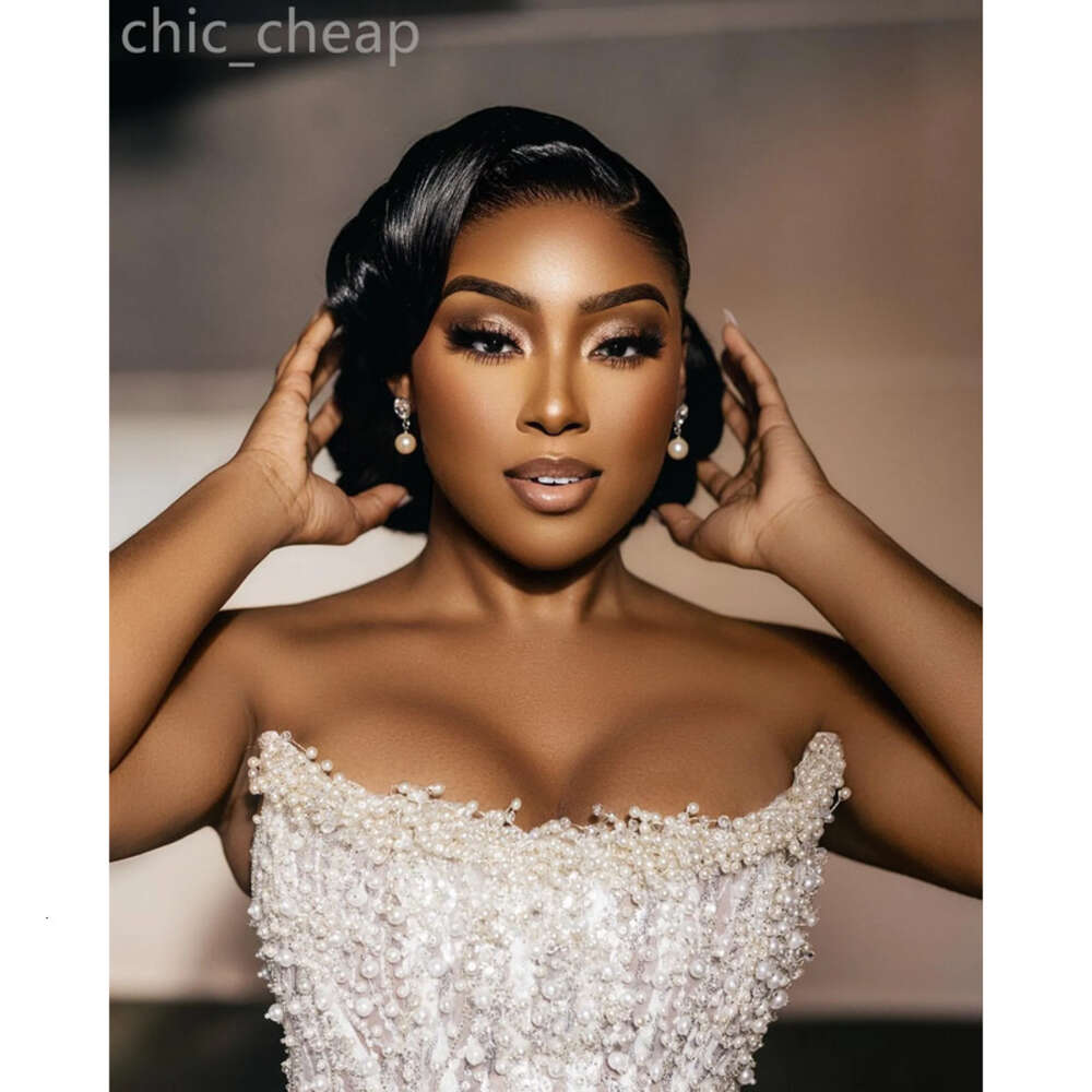 Ivory Aso Ebi Arabic Mermaid Wedding Beaded Pearls Detachable Train Sequined Lace Satin Bridal Gowns Dresses ZJ 0505