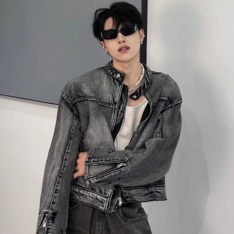 Men Washed Short Denim Jackets American Vintage Casual Loose Zipper Mens Jean Coat Couple Street Trend Cowboy Outwear 240319