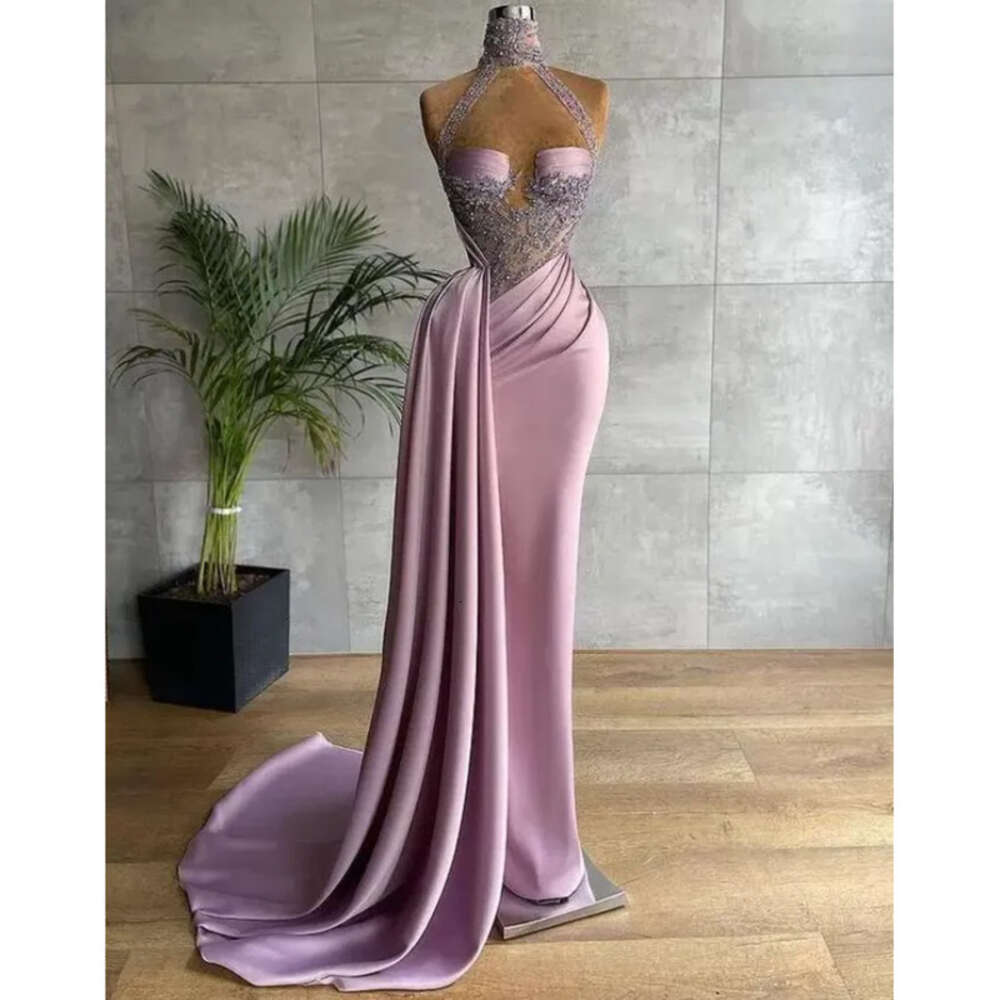 New Aso Sexy Ebi Arabic Prom Plus Size Lilac Lace Beaded Sheath Evening Dresses High Neck Pleats Second Reception Gowns Custom Made