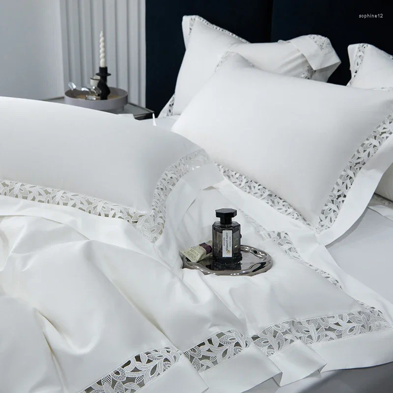 Bedding Sets White High End El Set Luxury Egyptian Cotton Hollow Out Lace Bedclothes Broad Side Duvet Cover Bed Sheet Pillowcases