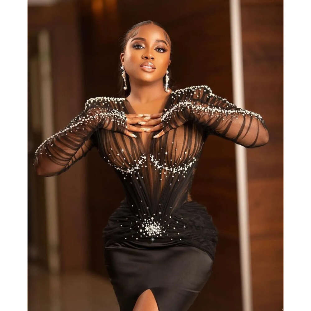 Mermaid African Beading Prom Sexy V Neck Front Split Long Sleeve Evening Gown Satin Outfit Formal Dresses 6660305