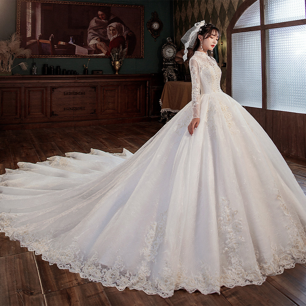 plus size long sleeves Dress high neck beach Bohemian Wedding Gowns Bridal Dresses a line robe de mariage lace Ruched Pleats Custom Made wed gown