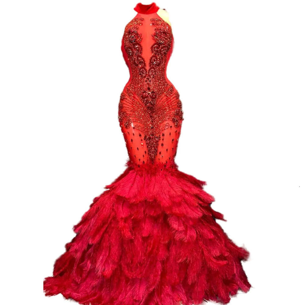 Arabic Aso Mermaid Ebi Red Prom Dress Beaded Crystals Feather Evening Formal Party Second Reception Birthday Engagement Gowns Dresses Robe De Soiree Z
