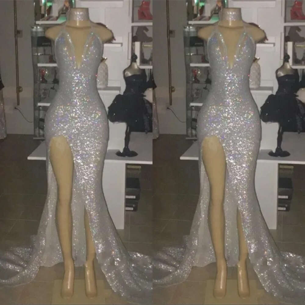 Deep V Sexy Neck High Split Prom Dresses Sier Mermaid Sequins African Gowns Vestidos Women Arabic Evening Party Dress estidos
