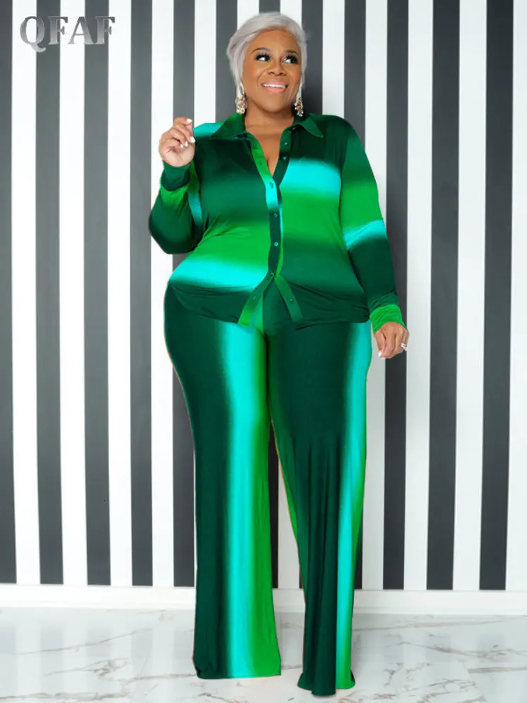QFAF INS Plus Size Gradient Striped Wide Leg Loose Trouser Suit Women Set Long Sleeve Shirt and Straight Pants Two 2 Piece Set 240309