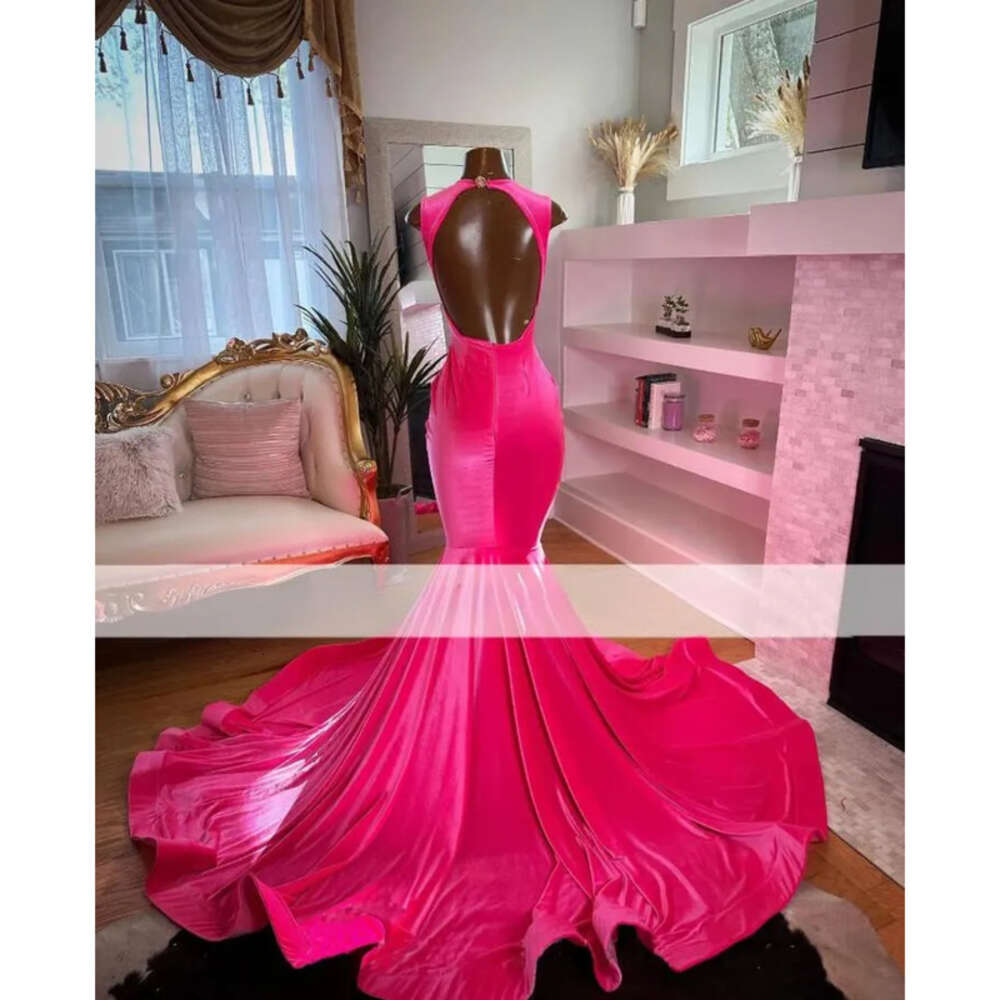 Hot Dia Pink Prom Dresses For Black Girls Veet Beads Party Gowns Mermaid Evening Dress Vestidos De Gala