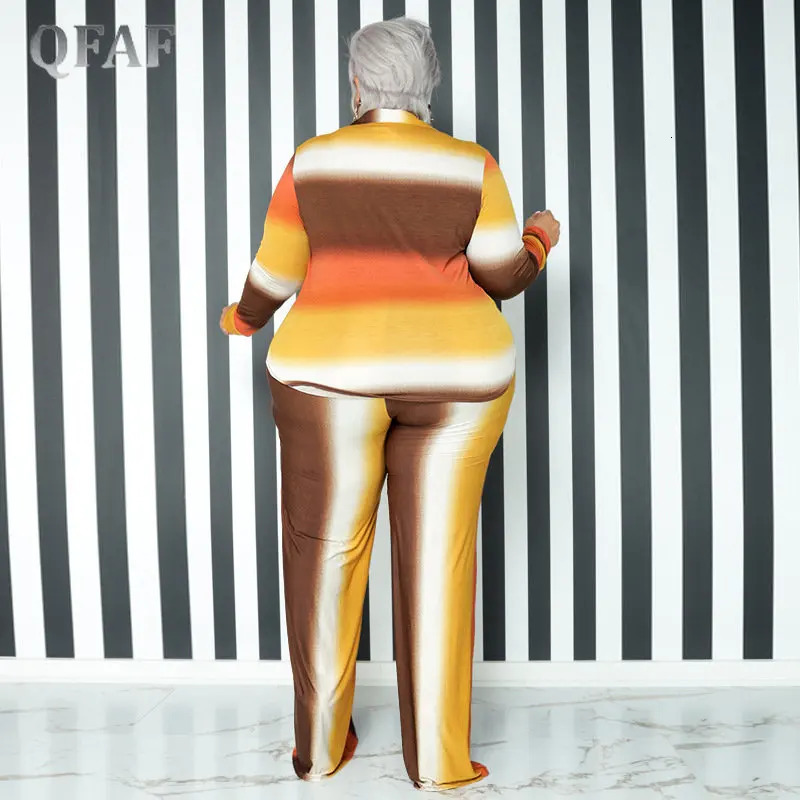 QFAF INS Plus Size Gradient Striped Wide Leg Loose Trouser Suit Women Set Long Sleeve Shirt and Straight Pants Two 2 Piece Set 240309