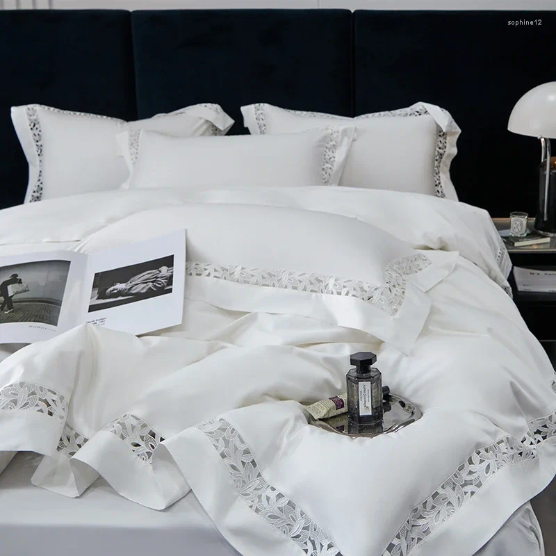 Bedding Sets White High End El Set Luxury Egyptian Cotton Hollow Out Lace Bedclothes Broad Side Duvet Cover Bed Sheet Pillowcases