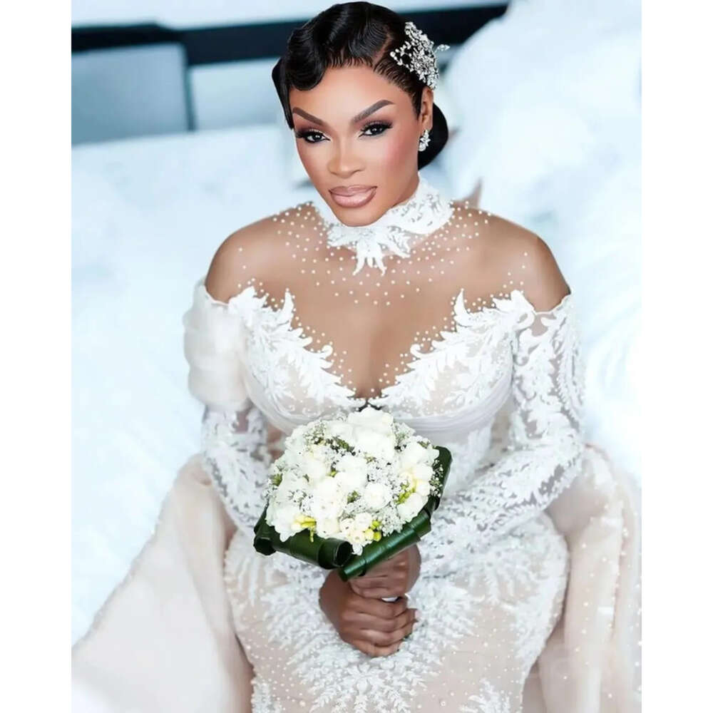 Ebi Mermaid Aso Arabic Lace Wedding Dress Sheer Neck Beaded Illusion Vintage Sexy Bridal Gowns Dresses ZJ Es