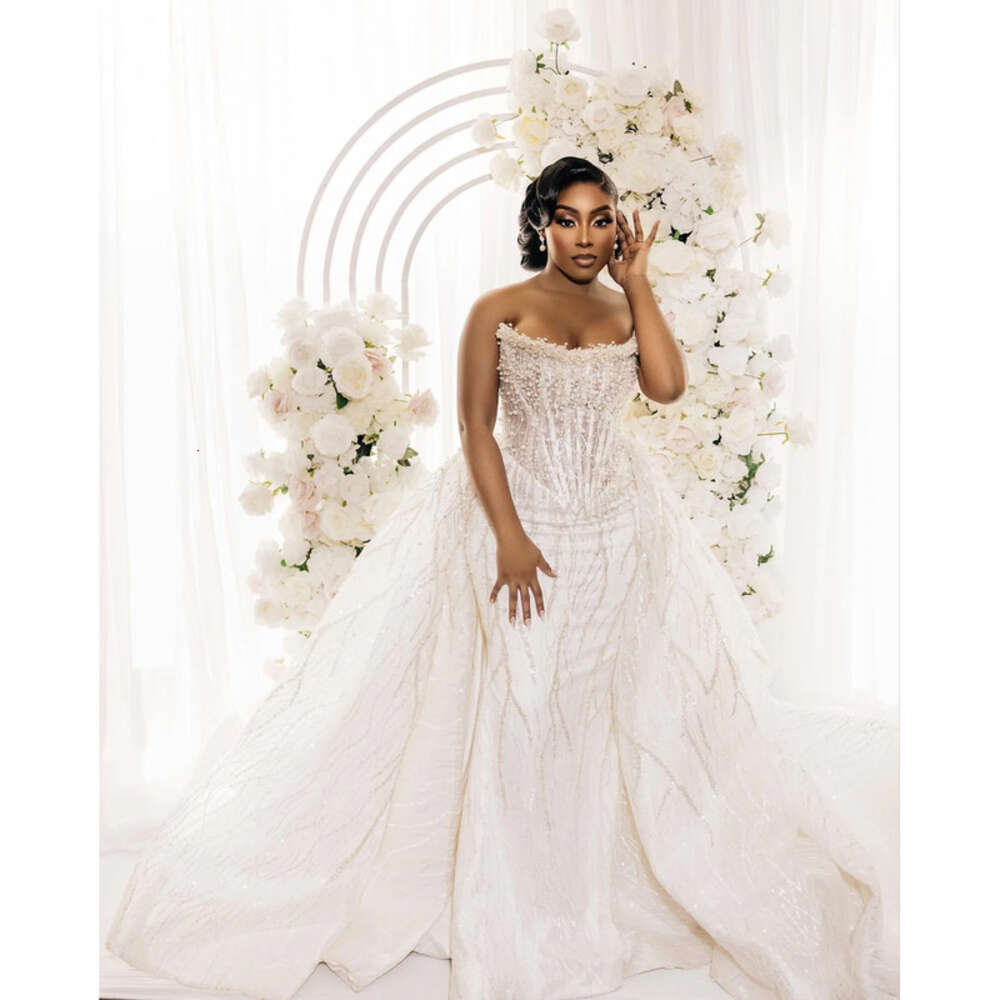 Ivory Aso Ebi Arabic Mermaid Wedding Beaded Pearls Detachable Train Sequined Lace Satin Bridal Gowns Dresses ZJ 0505