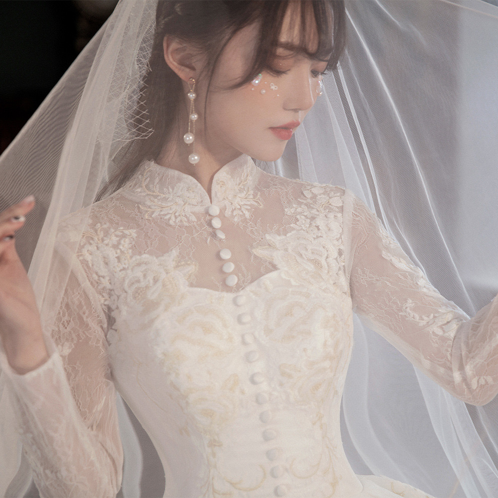 plus size long sleeves Dress high neck beach Bohemian Wedding Gowns Bridal Dresses a line robe de mariage lace Ruched Pleats Custom Made wed gown