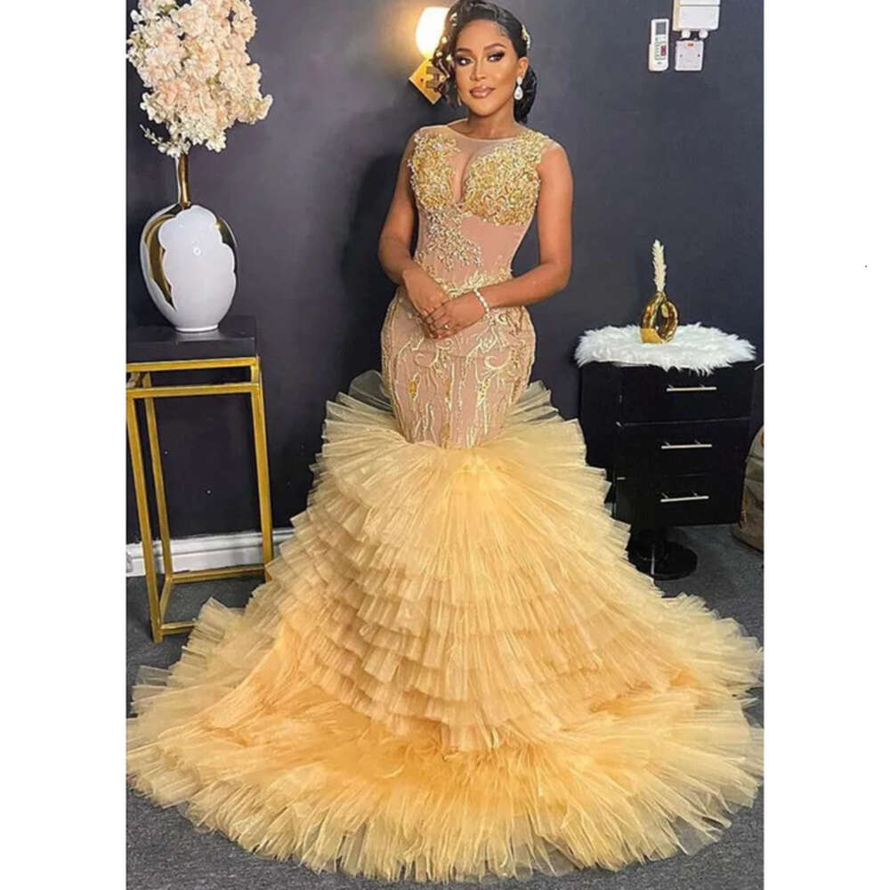 Gold Aso Ebi Arabic Mermaid Prom Dresses Lace Beaded Tiers Evening Formal Party Second Reception Birthday Engagement Gowns Dress ZJ 6660306