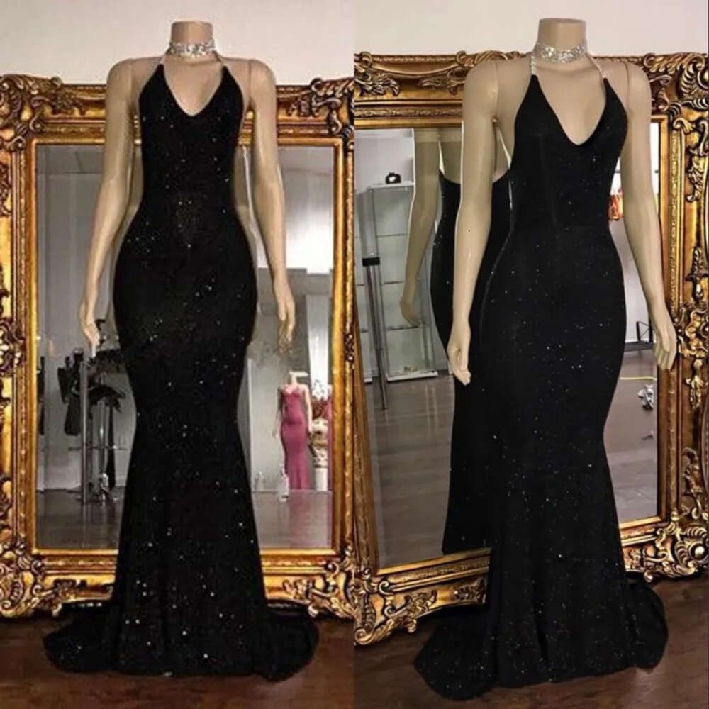Prom Black Sequined Dresses Mermaid Dubai Halter Neck Sexy Backless Pleats Floor Length Formal Party Evening Dress Custom Made Cheap