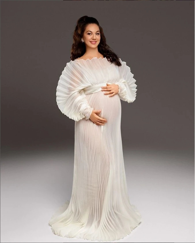 Fashion Organza Pleated Maternity Dress for Po Shoots Dresses Pregnancy Shoot YW230726 240309