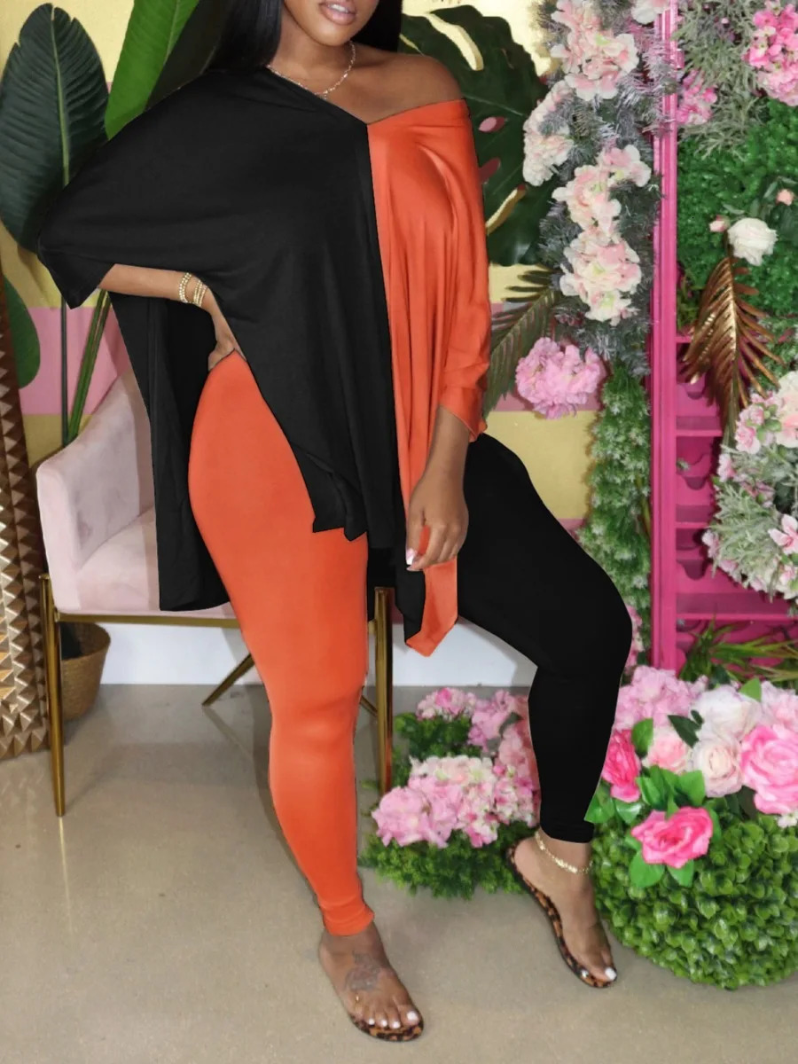 LW Plus Size V Neck Side Split Patchwork Pants Set Autumn WomenSuit Casual Short Sleeve Oversized Two Pieces Outfit 240307