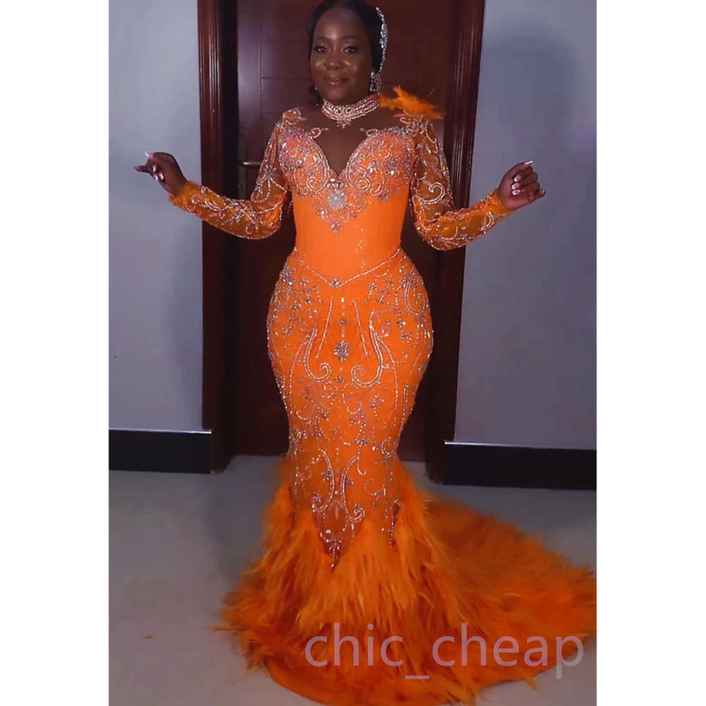 Arabic Aso Orange Ebi Mermaid Prom Dresses Beaded Crystals Feather Evening Formal Party Second Reception Birthday Engagement Gowns Dress ZJ 6660306