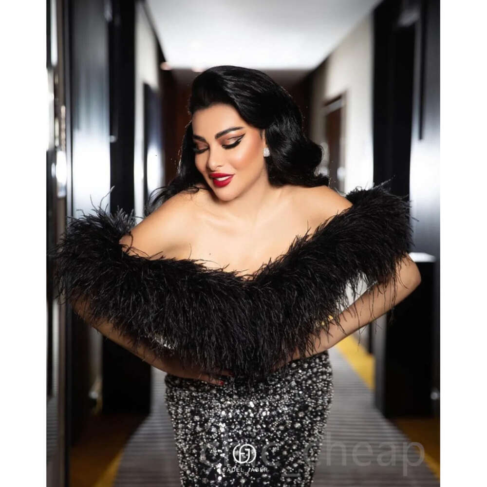 Ebi Black Aso Arabic Sheath Prom Dresses Beaded Feather Urious Evening Formal Party Second Reception Birthday Engagement Gowns Dress ZJ