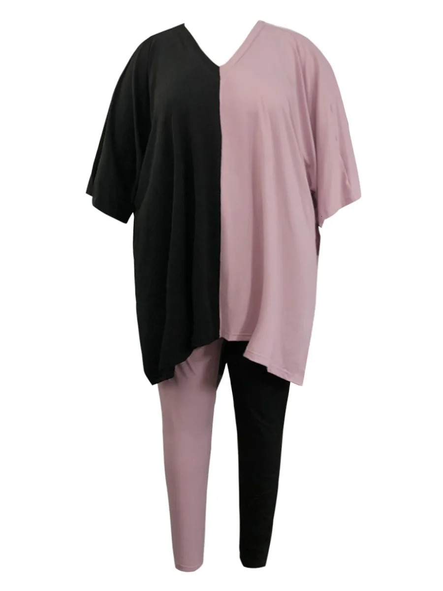 LW Plus Size V Neck Side Split Patchwork Pants Set Autumn WomenSuit Casual Short Sleeve Oversized Two Pieces Outfit 240307