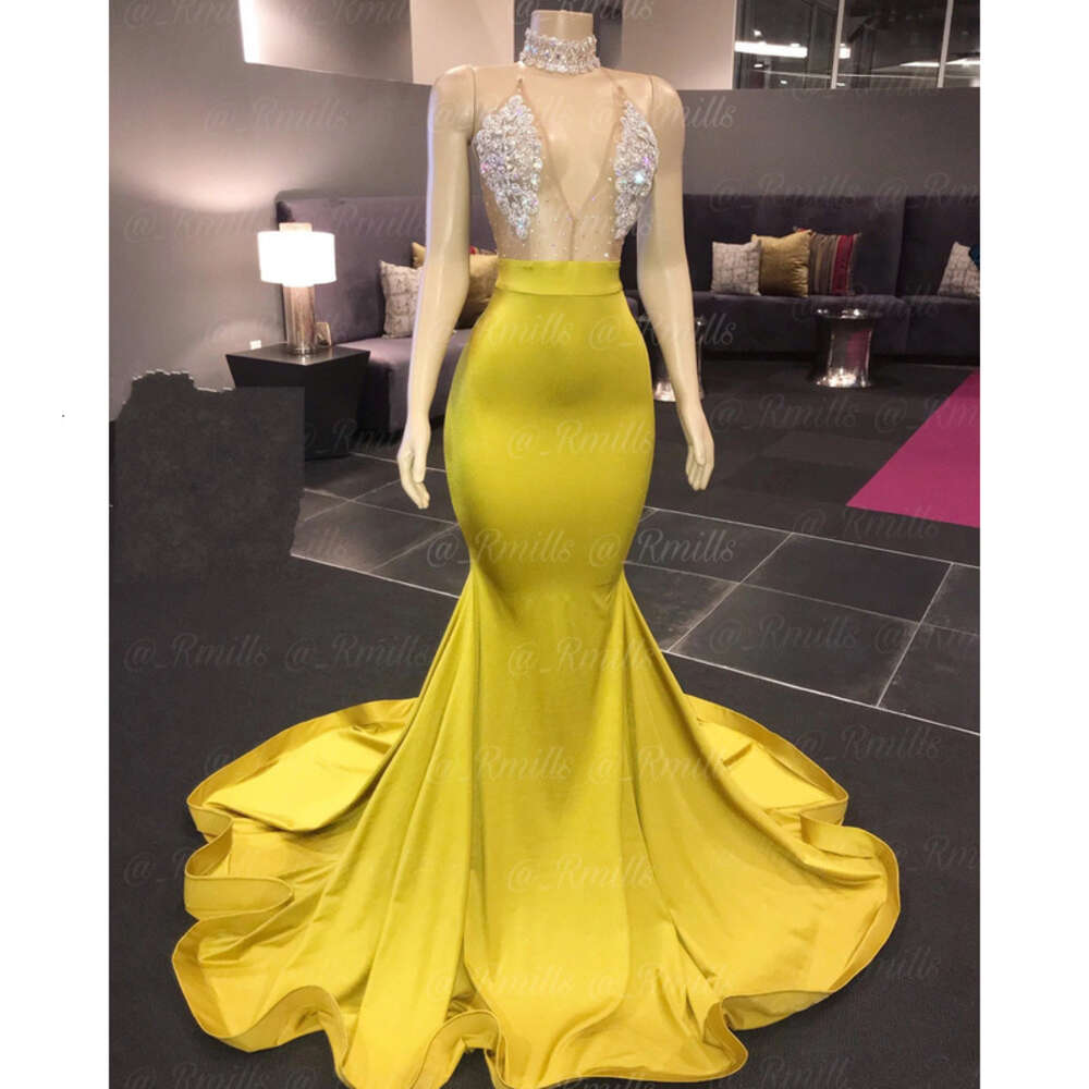 Gold Prom Yellow Dresses Sexy V Neck Sleeveless Mermaid Halter Open Back Sweep Train Formal African Evening Dress