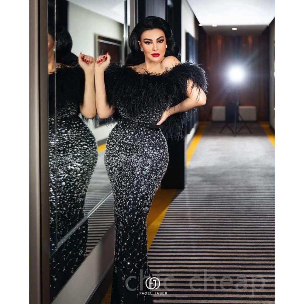 Ebi Black Aso Arabic Sheath Prom Dresses Beaded Feather Urious Evening Formal Party Second Reception Birthday Engagement Gowns Dress ZJ