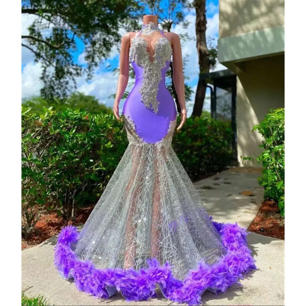 Prom Purple Feathers Black Girls Sexy Halter Neck Mermiad Gowns For Birthday Party Wear Formal Evening Dresses mal