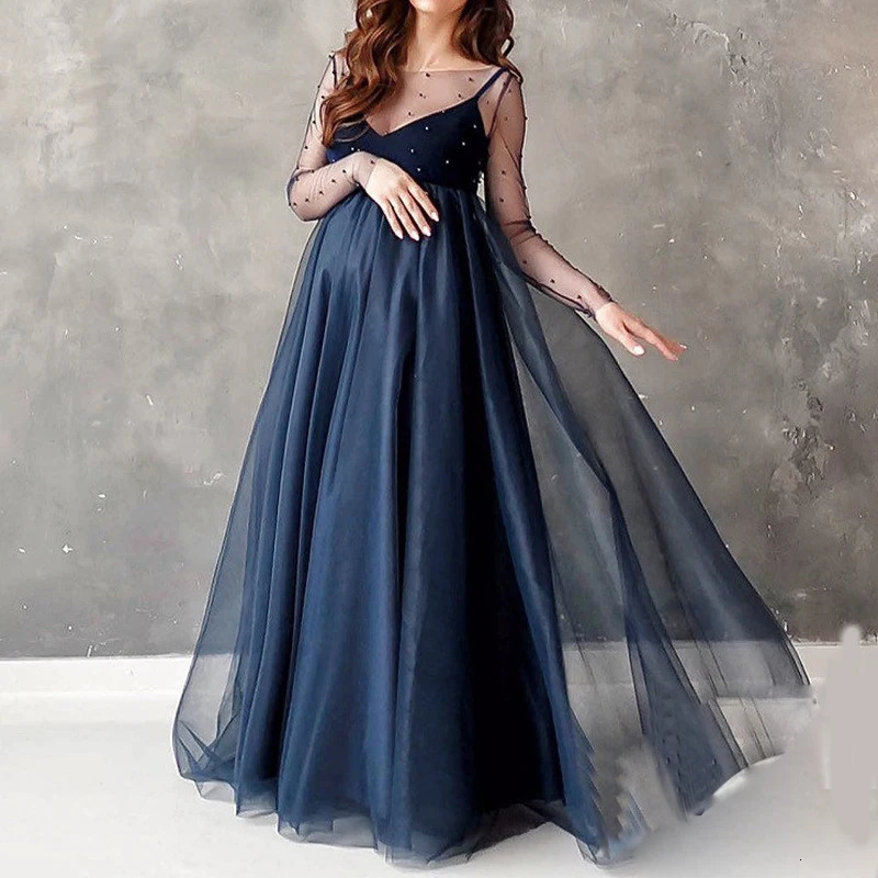Long Sleeve Bead Mesh Dress For Pregnant Women Wedding Dress Shooting Props Maternity Dress Fashion Pregnant Women Clothing 240309