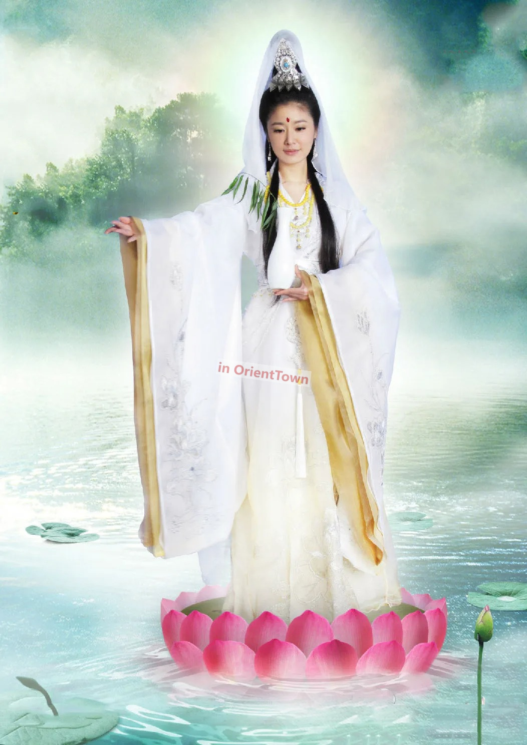 Ethnic Clothing TV Film Ancient White Embroidered Avalokitesvara Clothes Mazu Hanfu Suit Modeling Stage Performance Costume Guan Yin Garment