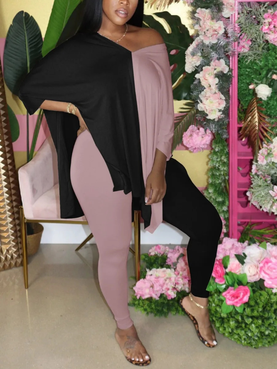 LW Plus Size V Neck Side Split Patchwork Pants Set Autumn WomenSuit Casual Short Sleeve Oversized Two Pieces Outfit 240307