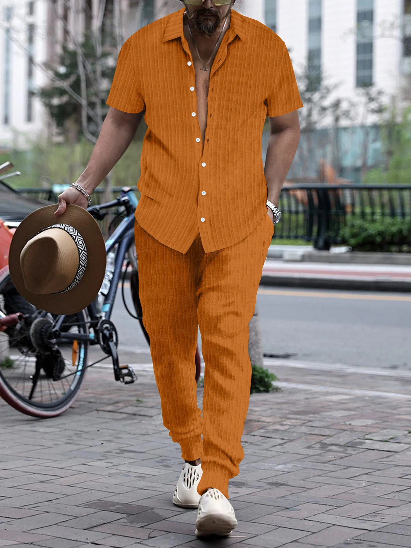 2024 Summer Fashion Mens Sets Solid Color Stripe Streetwear Short Sleeve Shirt Pants Two Pieces Casual Suits S3XL 240307