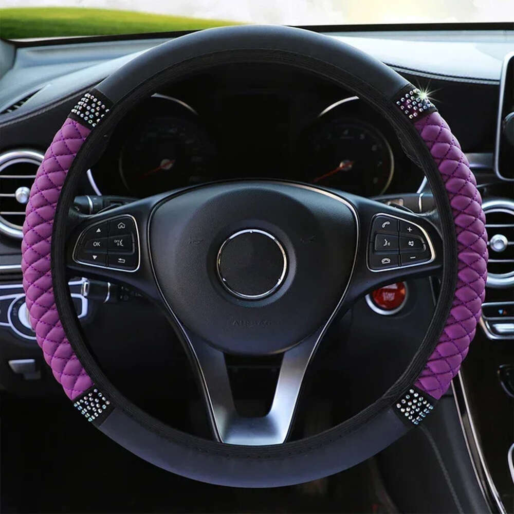 2024 Four Seasons Universal Car 37-38Cm Leather Embroidered Color Dia-Studded Elastic Steering Wheel Cover