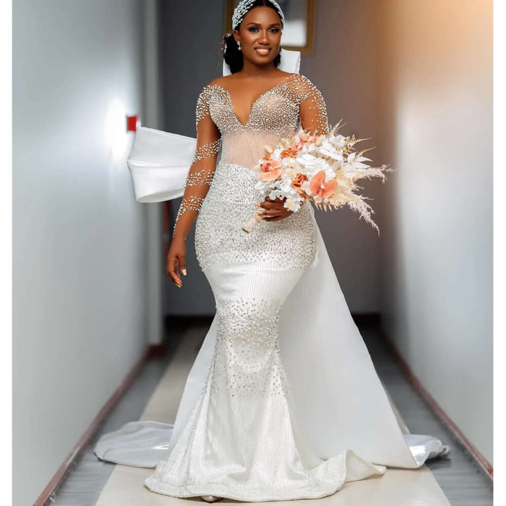Arabic Pieces Ebi Aso Ivory Mermaid Wedding Beaded Crystals Detachable Train Sequined Lace Satin Bridal Gowns Dresses ZJ