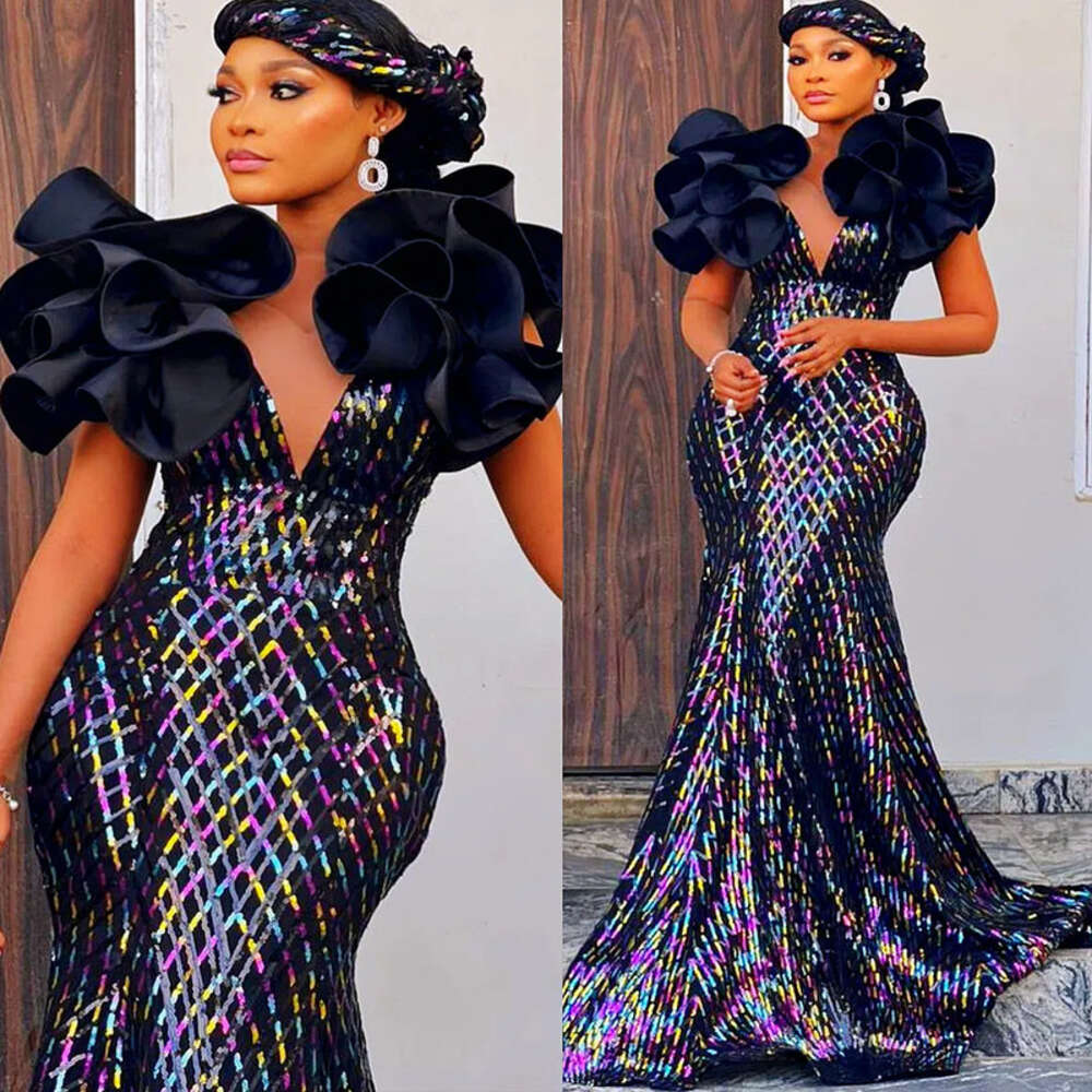 Black Aso Ebi Arabic Mermaid Prom Dress Sequined Lace Sexy Evening Formal Party Second Reception Birthday Engagement Gowns Dresses Robe De Soiree Es
