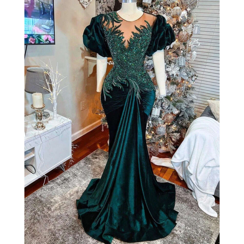 Aso Ebi Arabic Dark Green Mermaid Prom Dresses Beaded Crystals Veet Evening Formal Party Second Reception Birthday Engagement Gowns Dress Plus Size