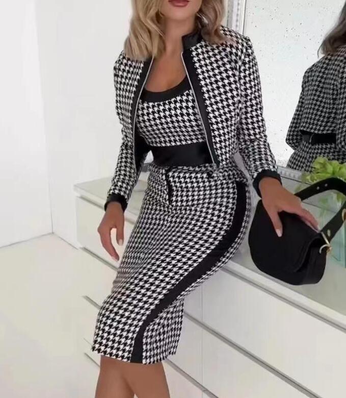 Designer Women Tracksuits Casual Printed 3 Piece Set Fashion Work Outfit Cardigan Coat Tank Tops Pencil Skirt Suits