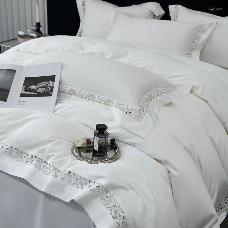 Bedding Sets White High End El Set Luxury Egyptian Cotton Hollow Out Lace Bedclothes Broad Side Duvet Cover Bed Sheet Pillowcases