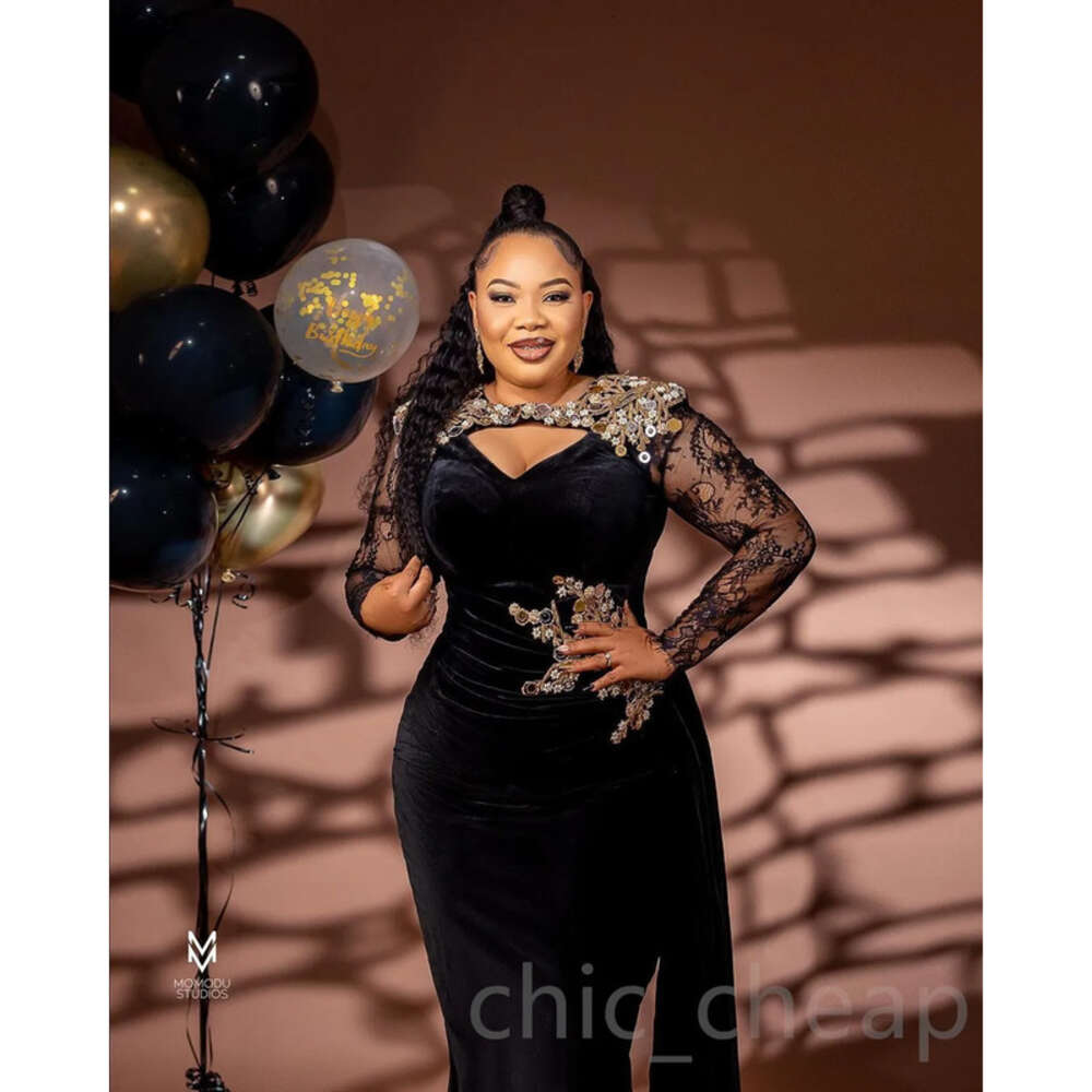 Arabic Sheath Ebi Aso Black Prom Dress Lace Beaded Veet Evening Formal Party Second Reception Birthday Engagement Gowns Dresses Robe De Soiree Es 0914