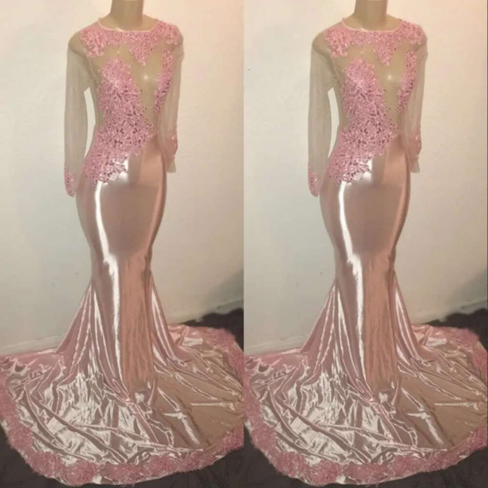 Long Sleeves Elegant Crew Appliques Prom Party Dresses Pink Mermaid Sweep Train Evening Gowns Custom Made 6660305