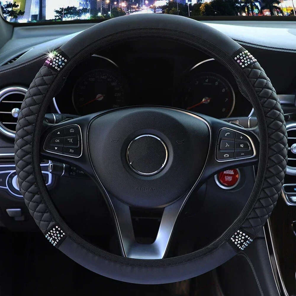 2024 Four Seasons Universal Car 37-38Cm Leather Embroidered Color Dia-Studded Elastic Steering Wheel Cover