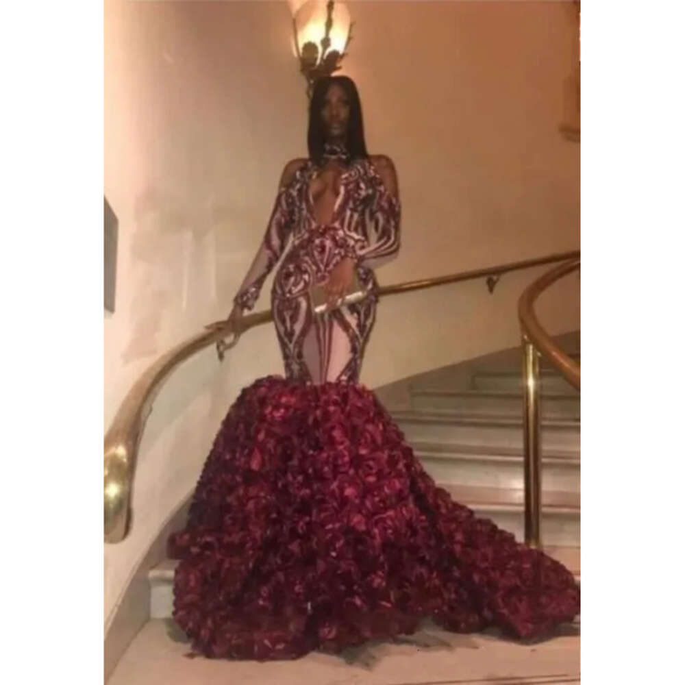 African Mermaid High Prom Party Dresses Sexy Open Neck Appliques Rose Train Evening Gowns Zipper Back Long Sleeves