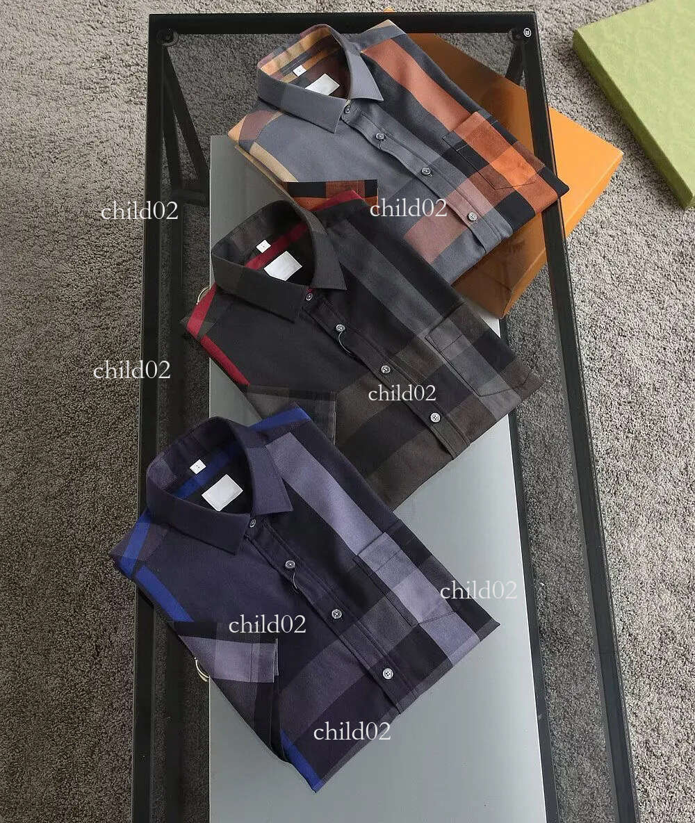 High Quality Designer Casual Shirt Burbereys Mens Camisas De Hombre Fashion Geometric Check Print Short Sleeved Lapel Business Versatile #01