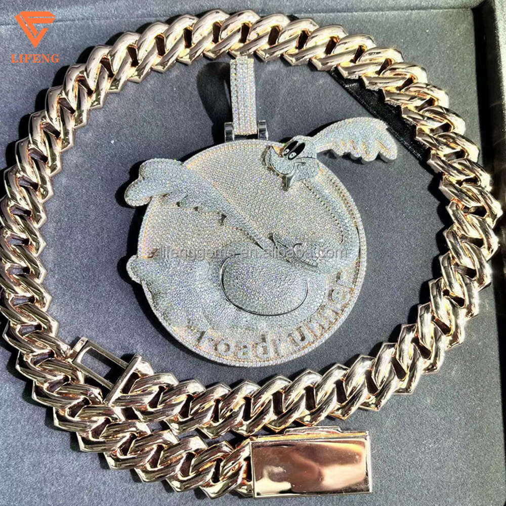 Fashion Design Solid Silver Gra Moissanite 18mm 20mm Wide Diamond Iced Out Pendant Necklace Cuban Link Chain for Rapper