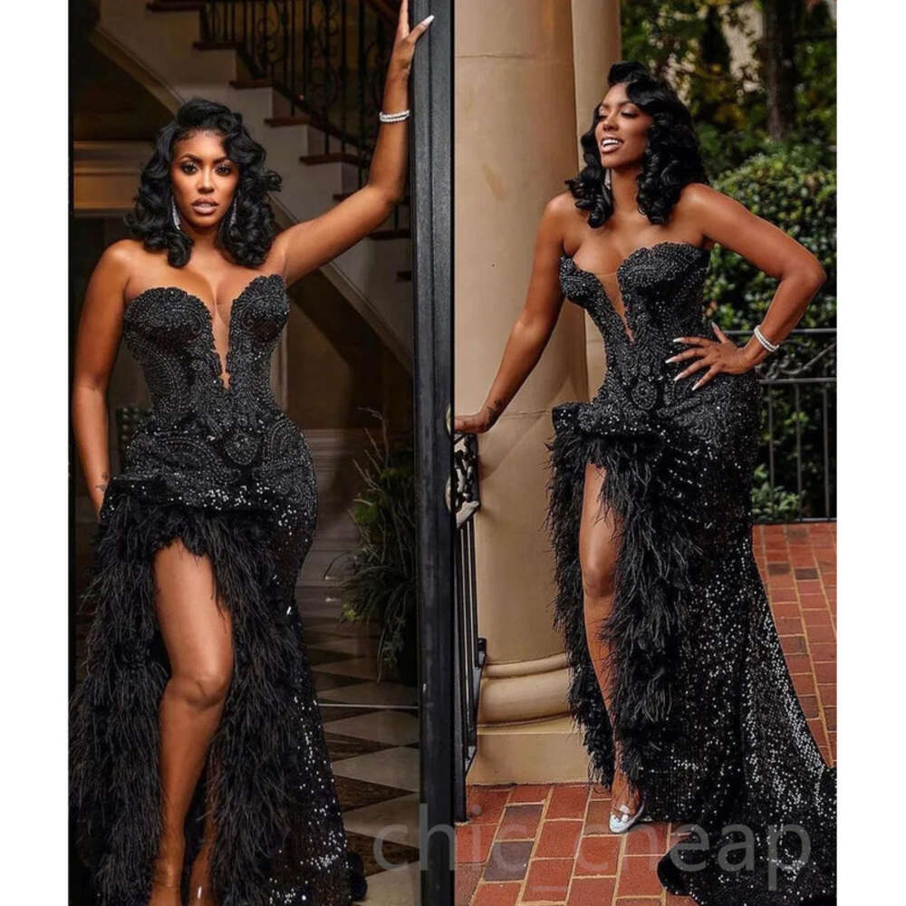 Ebi Beaded Aso Arabic Crystals Prom Dress Feather Sequined Lace Evening Formal Party Second Reception Birthday Engagement Gowns Dresses Robe De Soiree