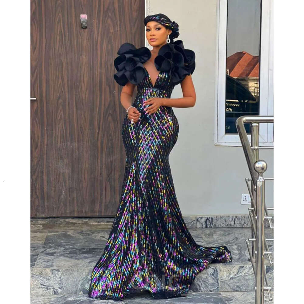Black Aso Ebi Arabic Mermaid Prom Dress Sequined Lace Sexy Evening Formal Party Second Reception Birthday Engagement Gowns Dresses Robe De Soiree Es