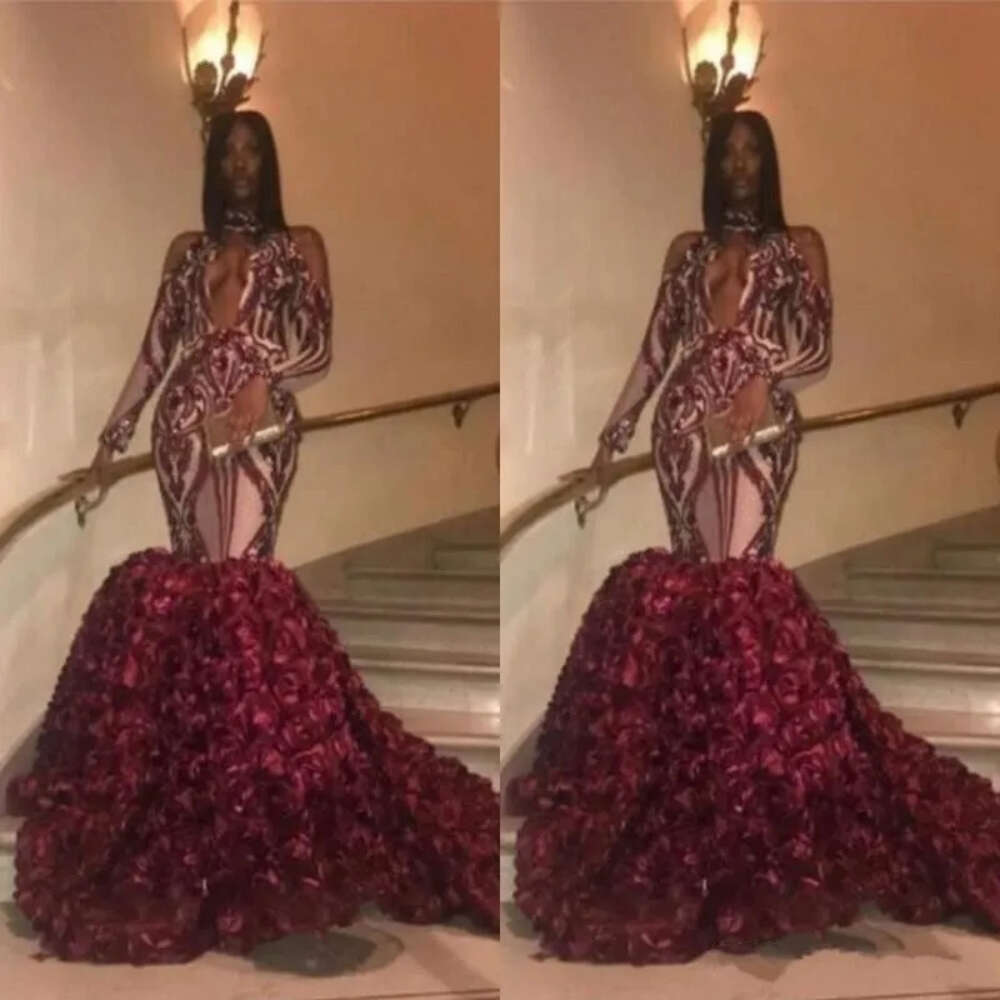 African Mermaid High Prom Party Dresses Sexy Open Neck Appliques Rose Train Evening Gowns Zipper Back Long Sleeves