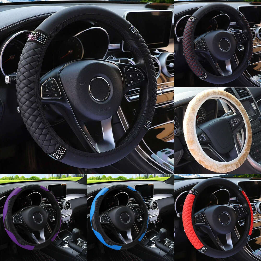 New Four Seasons Universal Car 37-38Cm Leather Embroidered Color Diamond-Studded Elastic Steering Wheel Cover