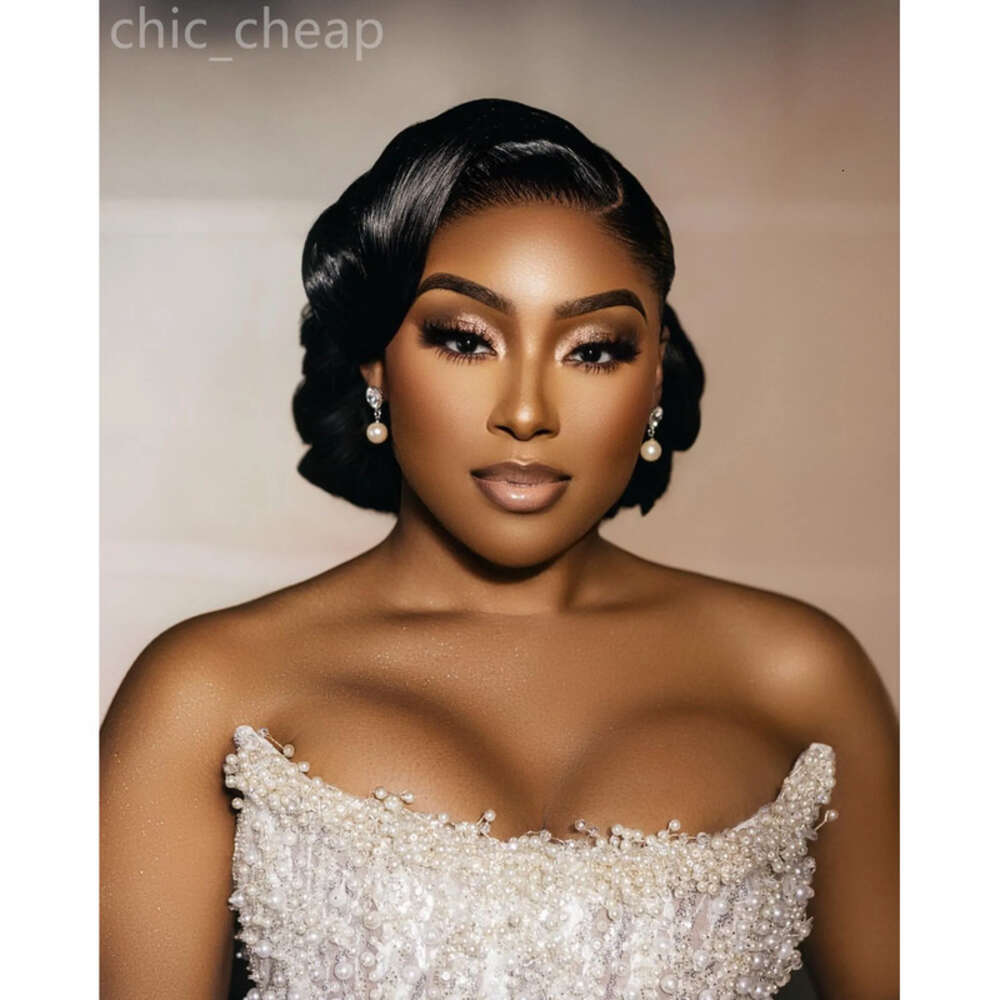 Ivory Aso Ebi Arabic Mermaid Wedding Beaded Pearls Detachable Train Sequined Lace Satin Bridal Gowns Dresses ZJ 0505