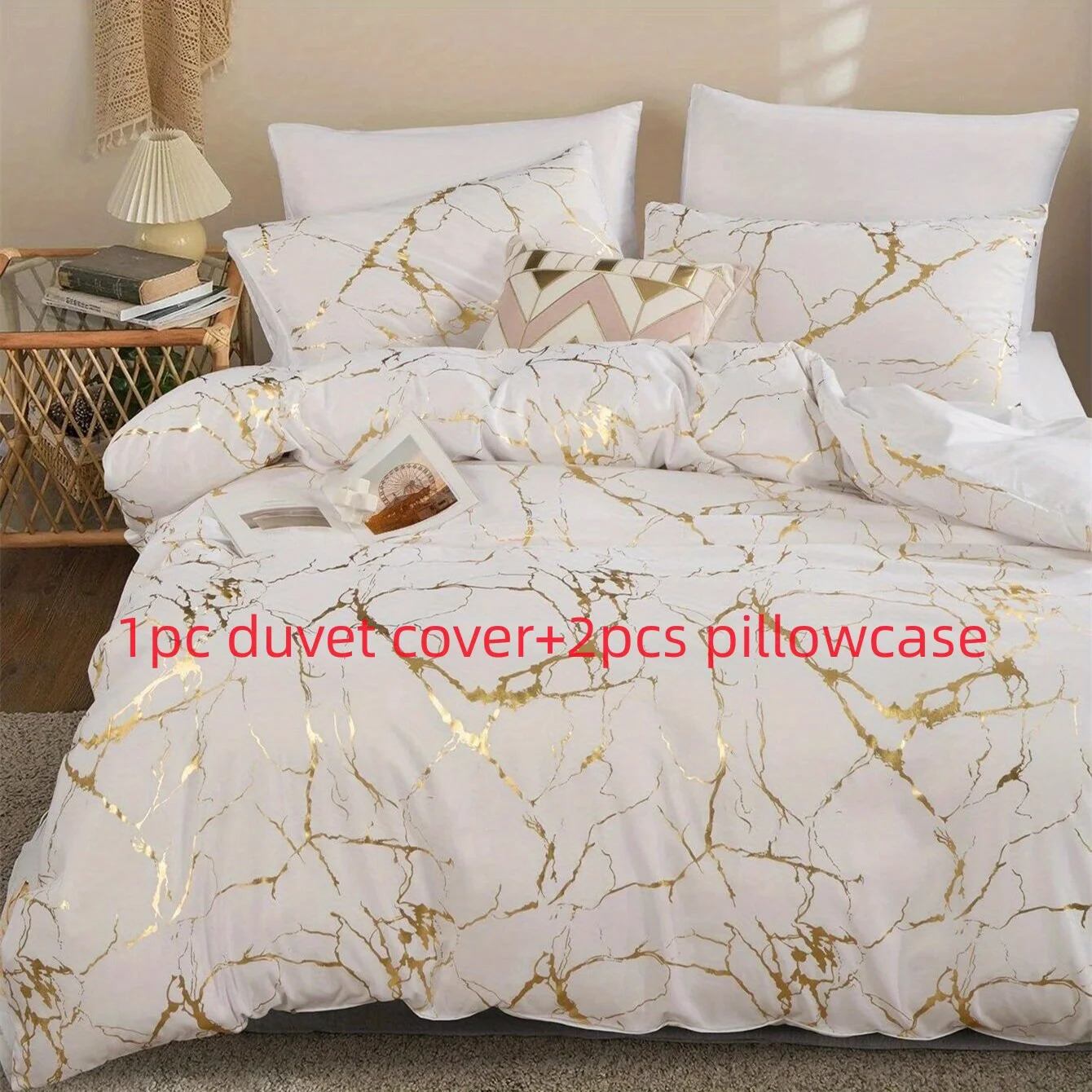 Queen Bedding Duvet Set White Marble Printed 3 Piece Microfiber Down Comforter Quilt Cover with Zipper Closure