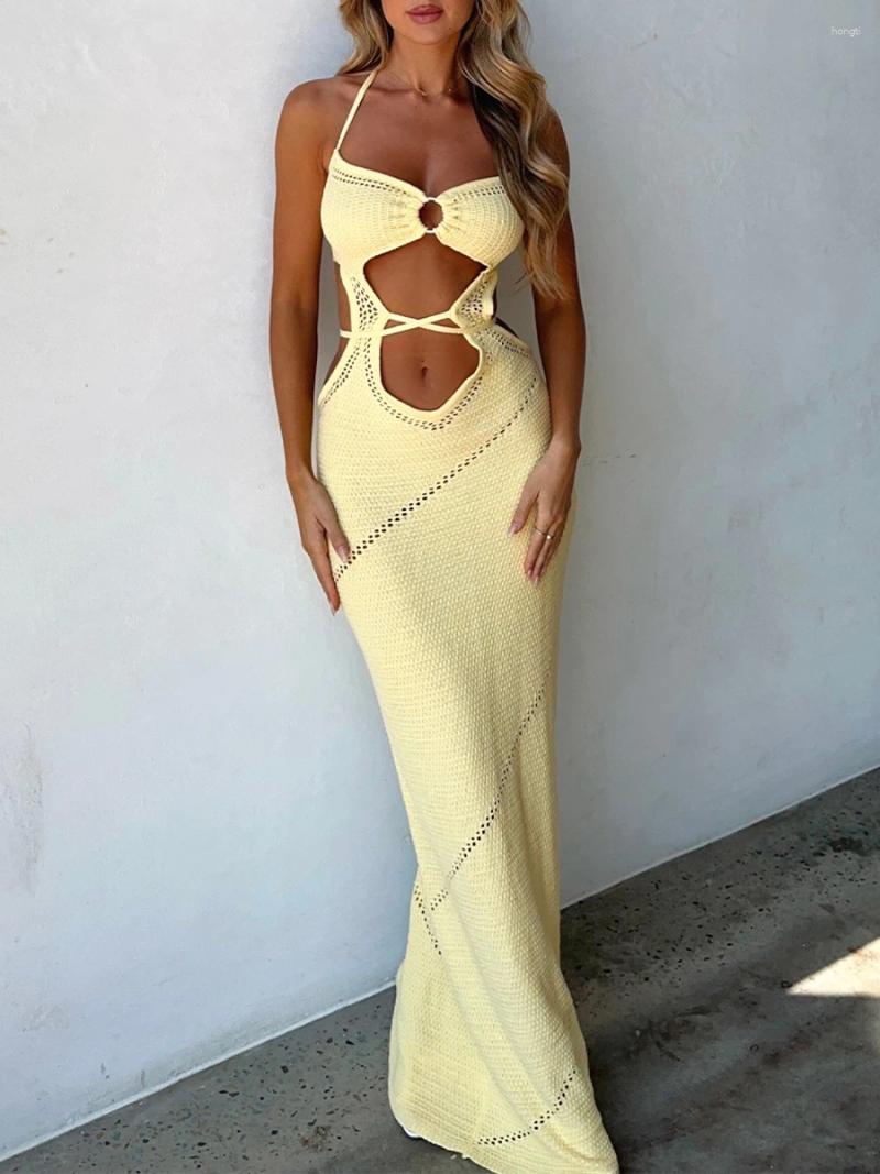 Casual Dresses Women Hollow Out Y2k Bodycon Mini Dress Crochet Cover Up Knit See Through Beachwear Su
