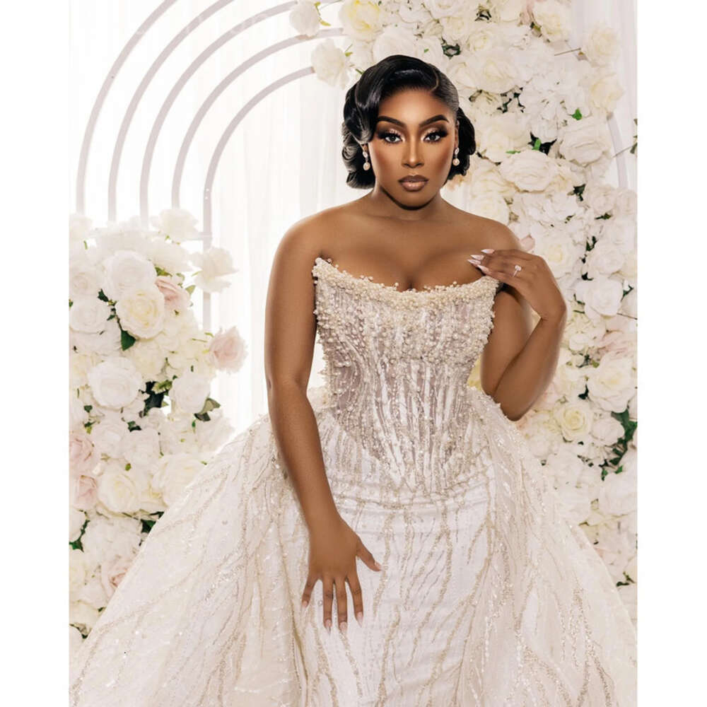 Ivory Aso Ebi Arabic Mermaid Wedding Beaded Pearls Detachable Train Sequined Lace Satin Bridal Gowns Dresses ZJ 0505